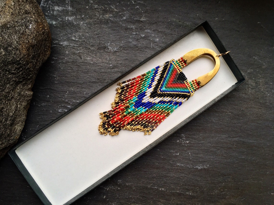 Luxury Brass Glass Seed Bead Earrings Native American Style Beaded ...
