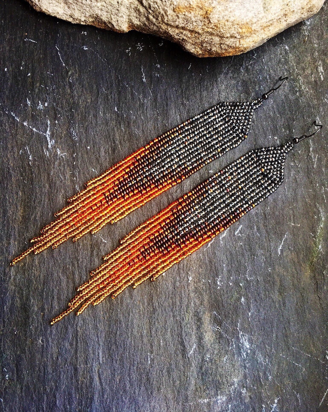 Long Native American Beaded Glass Seed Bead Fringe Statement Ombré ...