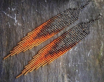 Long Native American Beaded Glass Seed Bead Fringe Statement Ombré Earrings Iridescent Metal Grey Orange Gold Duster Boho South Western Gift