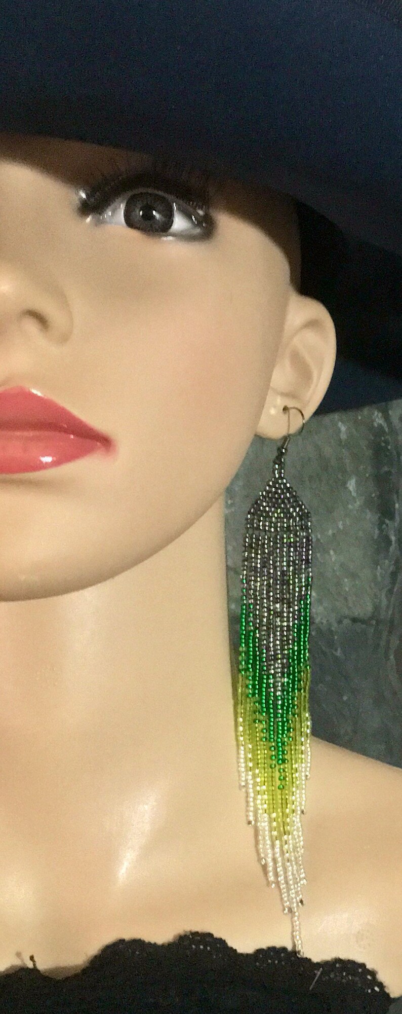 Long Native American Style Beaded Glass Seed Bead Fringe Statement ...