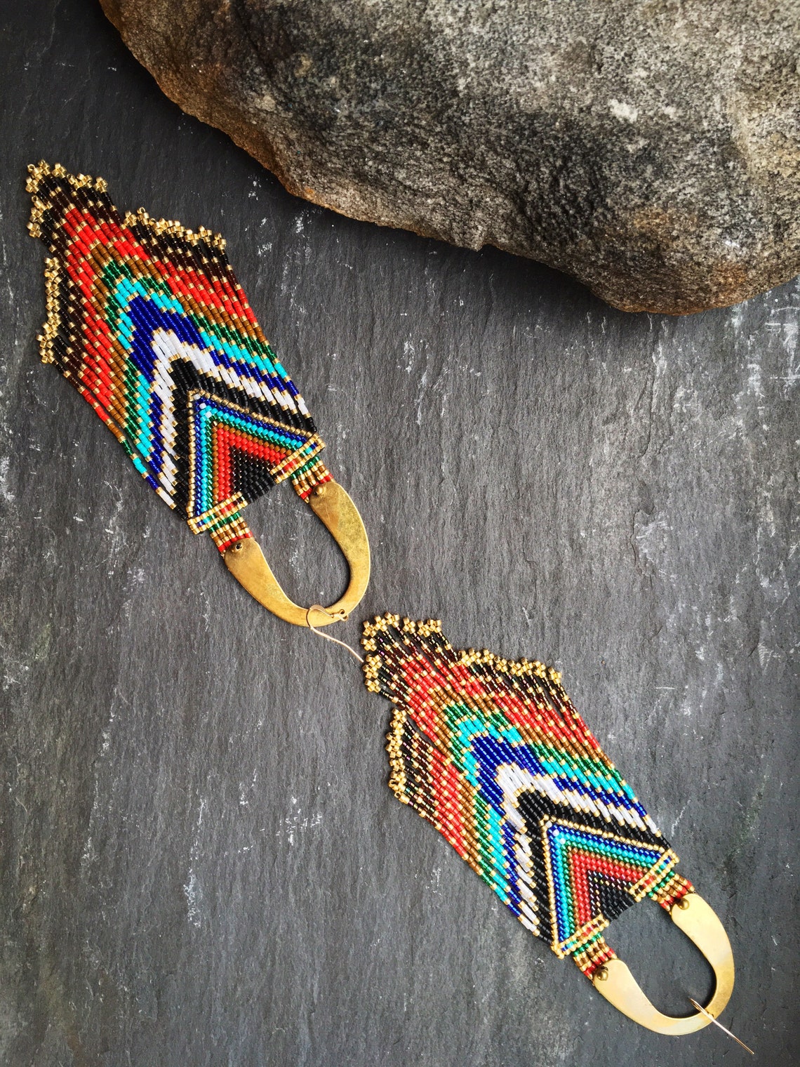 Luxury Brass Glass Seed Bead Earrings Native American Style Beaded ...