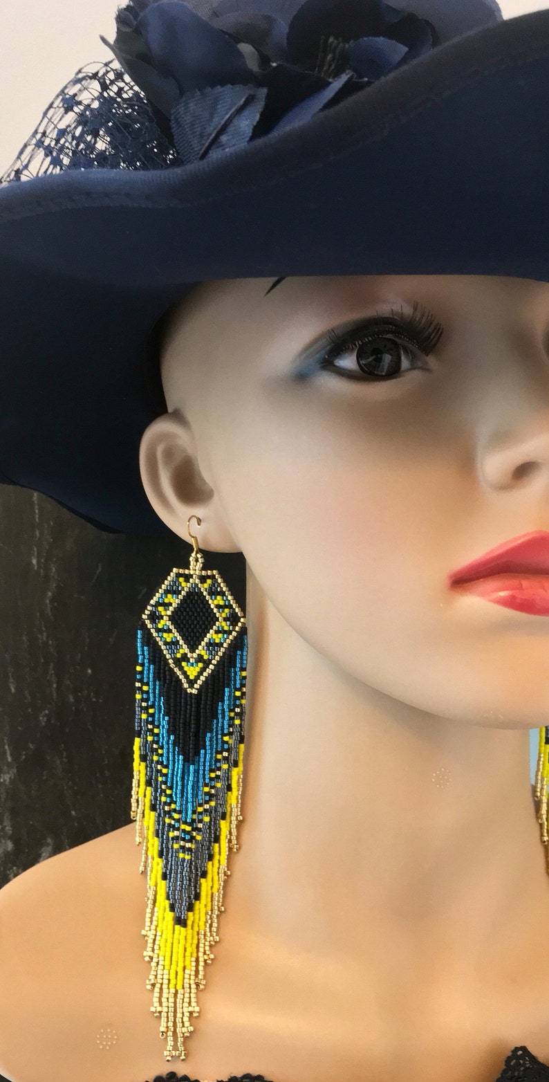 Handmade Boho Glass Seed Beaded Fringe Earrings Native American Style ...