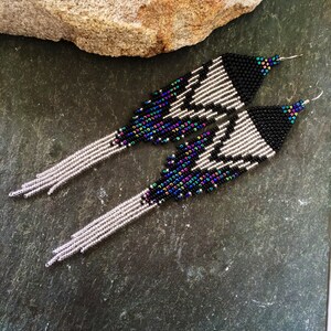 Long Native American Beaded Fringe Ombre Statement Earrings Silver Black Blue Green Purple Ultra Violet Glass Iridescent Duster Seed Bead image 2