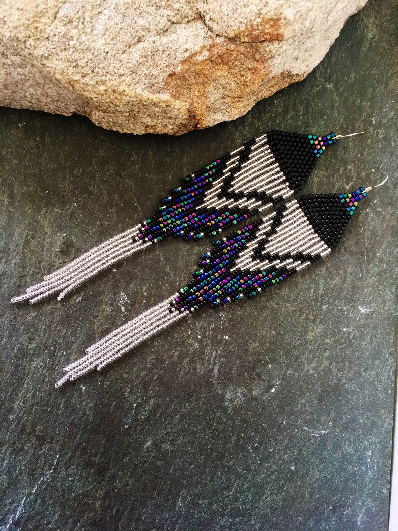 Long Native American Beaded Fringe Ombre Statement Earrings Silver Black Blue Green Purple Ultra Violet Glass Iridescent Duster Seed Bead image 2