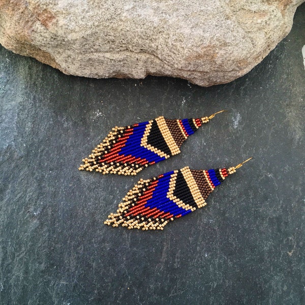 Native American Beaded Minimalist Earrings Gold Bronze Black Burnt Orange Dark Blue Everyday Glass Seed Bead Jewelry Mothers Day Ethnic Gift