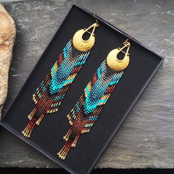 Luxury South Western Native American Style Beaded Duster Brass Glass Seed Bead Ombré Fringe Statement Earrings Burnt Orange Red Blue Gold