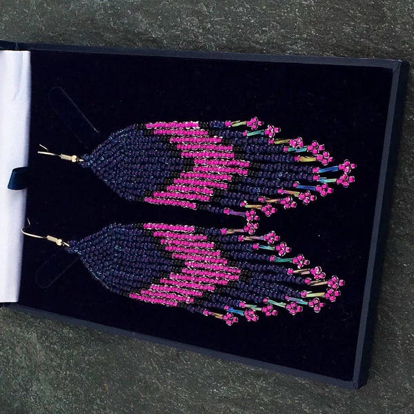 Magenta Beaded Fringe Earrings Glass Seed Bead Statement Shoulder Duster Native American Hot Pink Purple Blue Mothers Day Boho Jewelry Gift