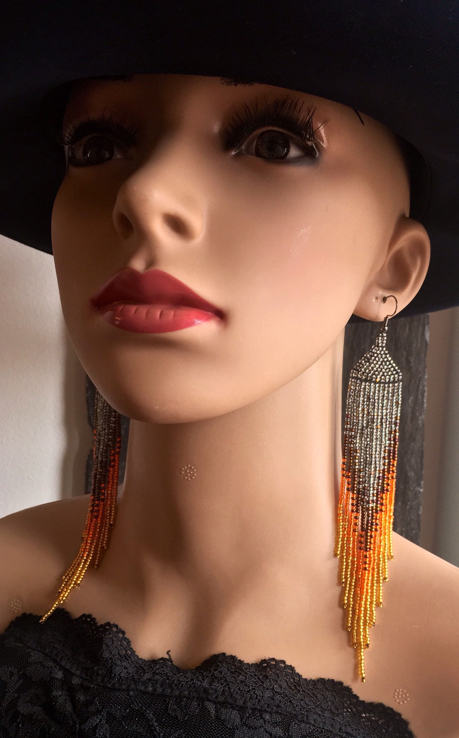 Long Native American Beaded Glass Seed Bead Fringe Statement Ombré ...