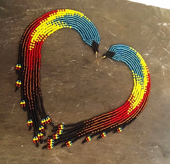 Long beaded earrings, Tropical earrings, Ombré, Native American, Boho, Glass Seed bead, Navajo, Huichol earrings, Blue, Yellow, Red, Black