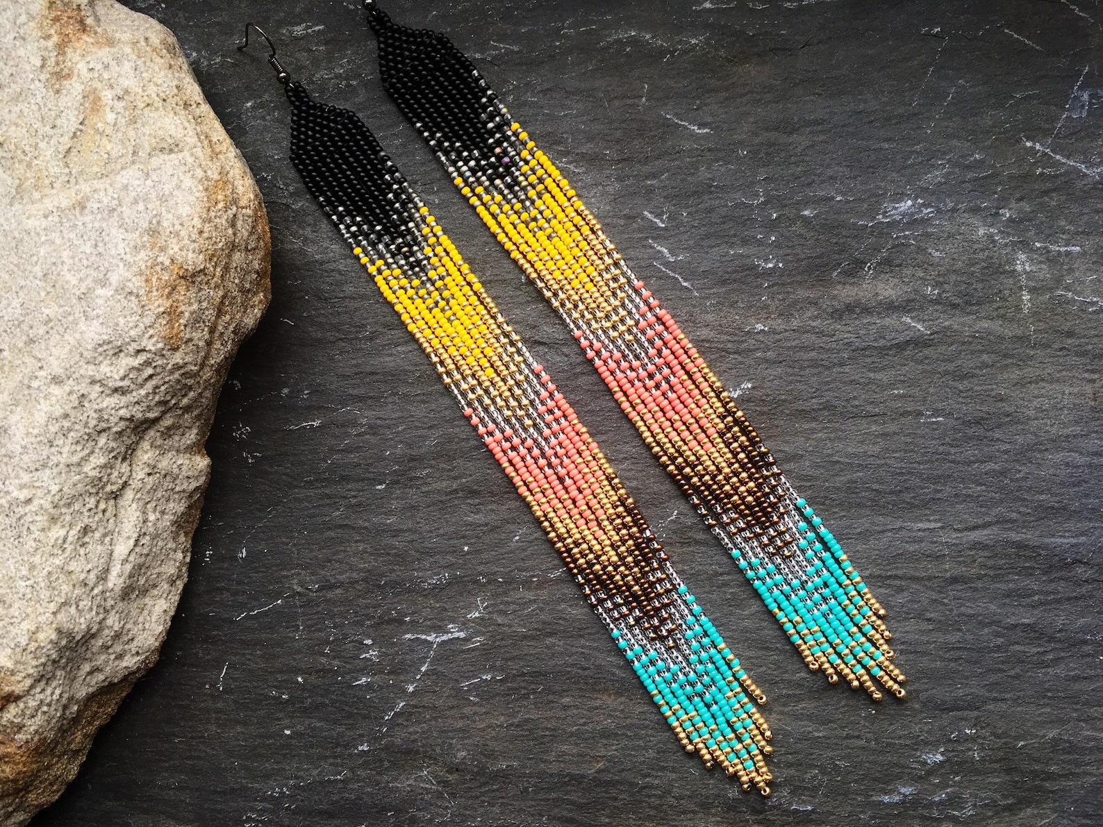 Long Native American Beaded Glass Seed Bead Fringe Statement Earrings ...