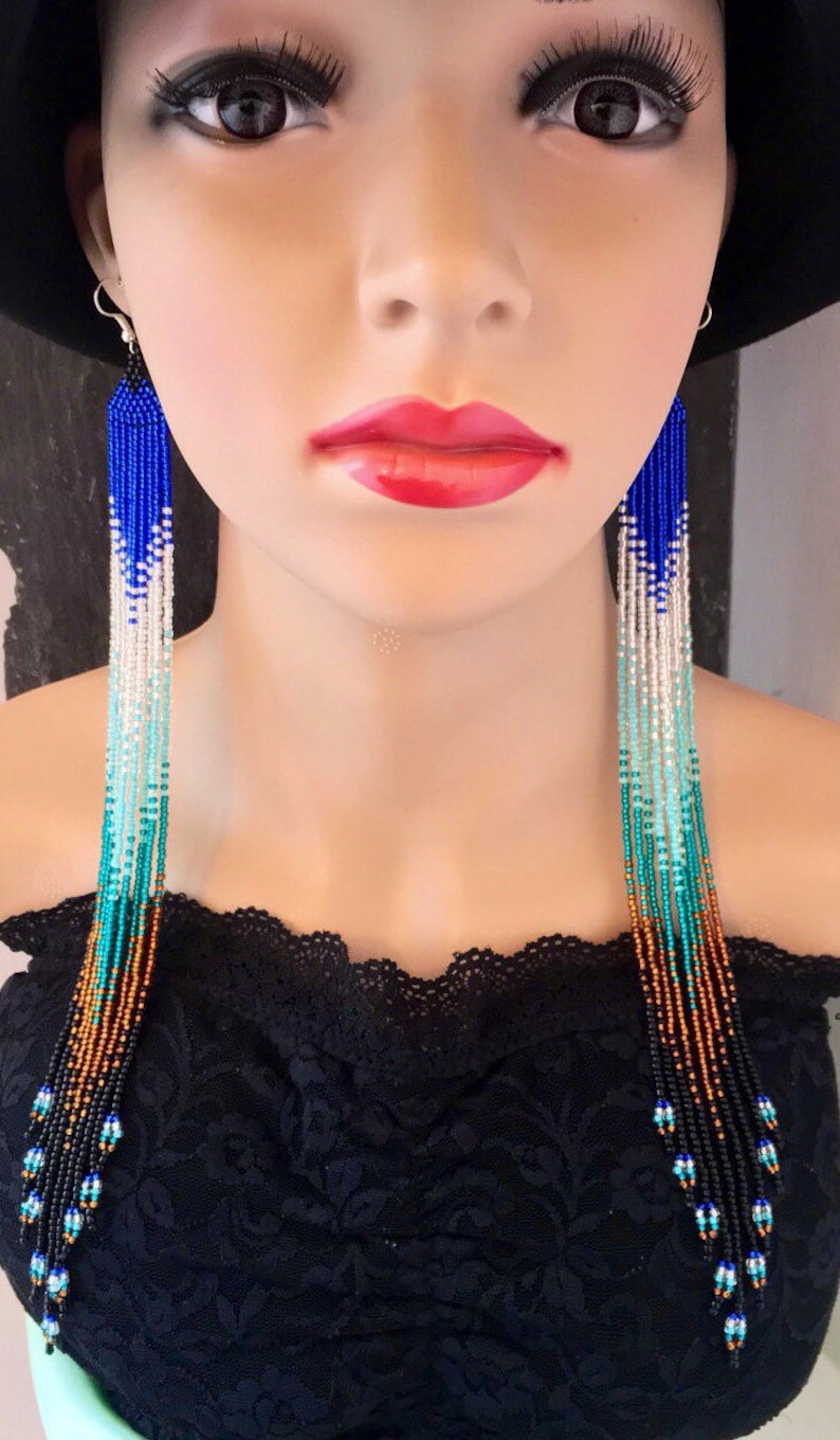 Extra Long Glass Seed Bead Earrings Royal Blue Silver Aquamarine Bronze Black Native American Beaded Ombr\u00e9 Jewelry Boho Navajo Huichol Gift