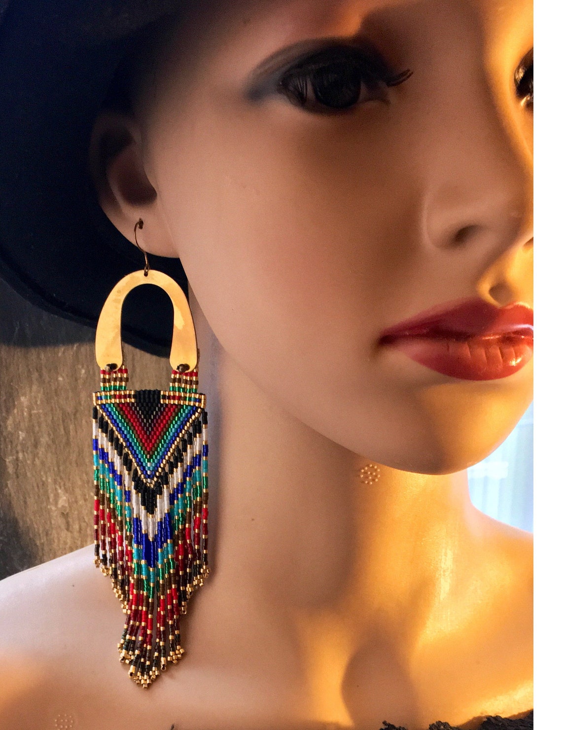Luxury Brass Glass Seed Bead Earrings Native American Style Beaded ...