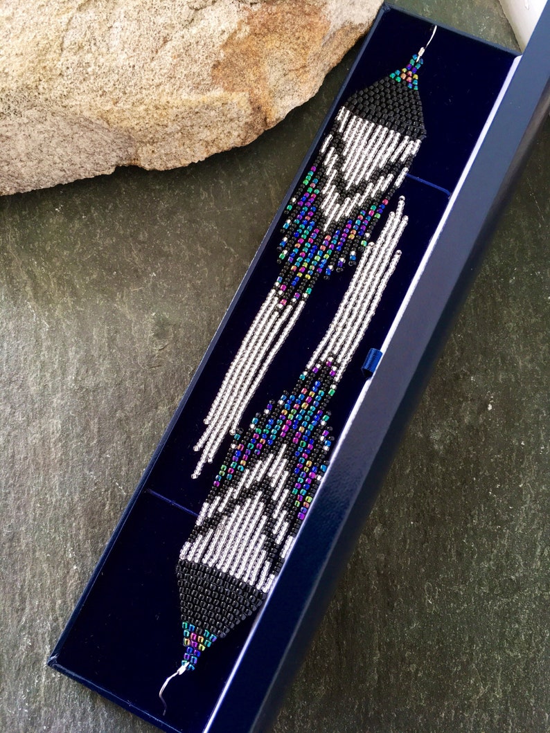 Long Native American Beaded Fringe Ombre Statement Earrings Silver Black Blue Green Purple Ultra Violet Glass Iridescent Duster Seed Bead image 10