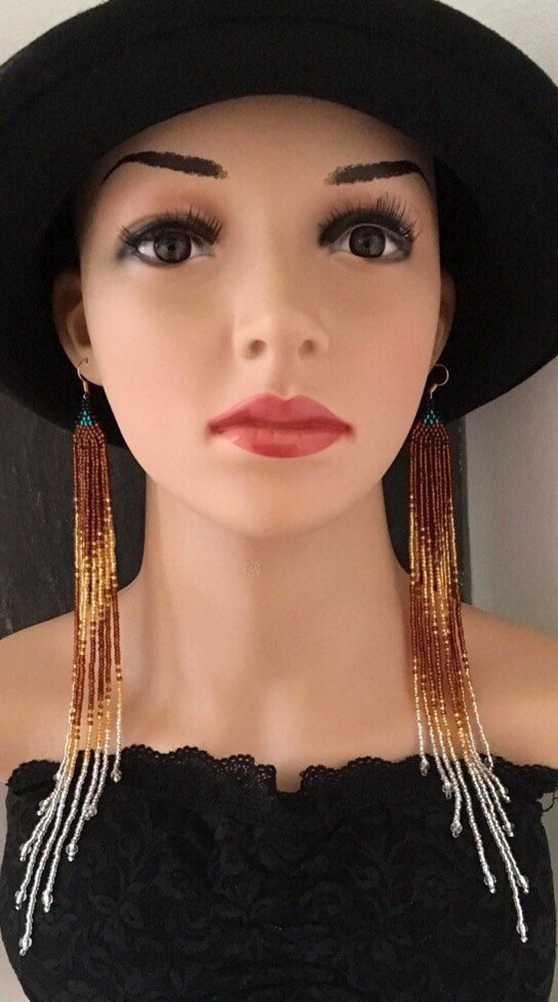 Extra Long Ombré Earrings, Bronze, Gold, Silver, Native American Beaded