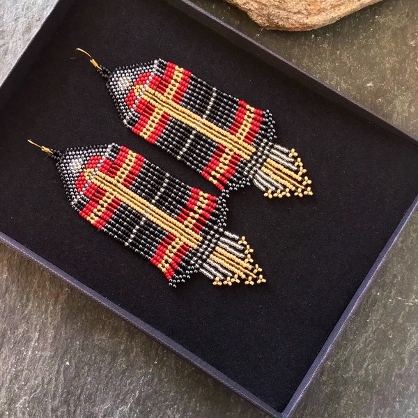 Checkered Native American Style Beaded Statement Seed Bead  Fringe Earrings Large Black Red Silver Metal Gold Scottish Plaid Tartan Gift