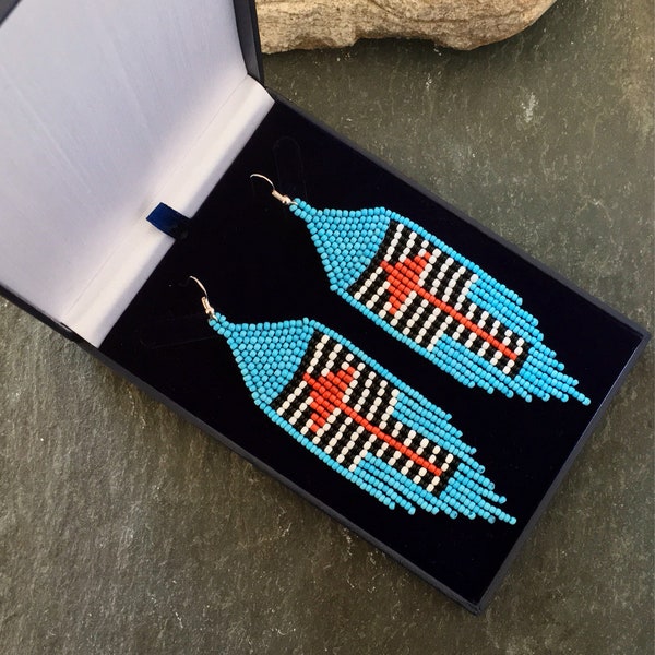 Native American Navajo StyleTurquoise beaded earrings Glass seed bead earrings Arrow shoulder dusters Blue Red Fringe earrings, Gift