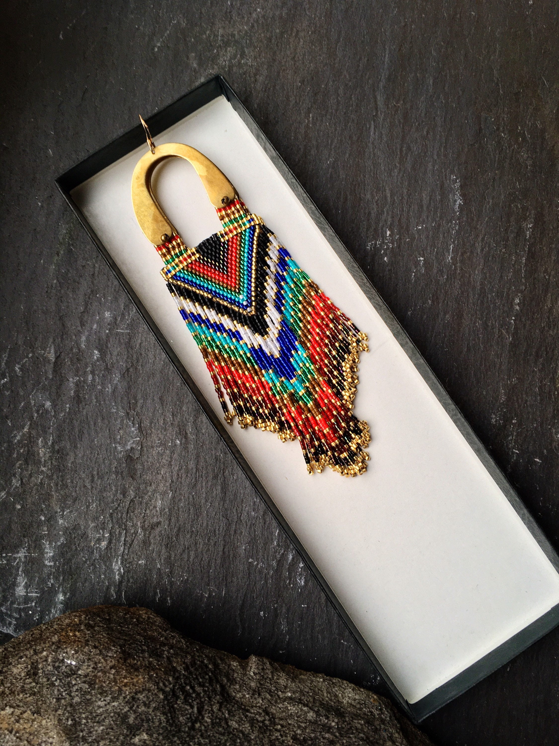 Luxury Brass Glass Seed Bead Earrings Native American Style Beaded ...