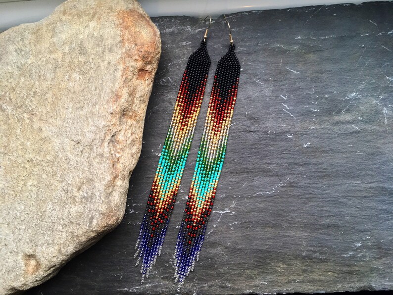 Long Native American Beaded Glass Seed Bead Fringe Statement Earrings ...