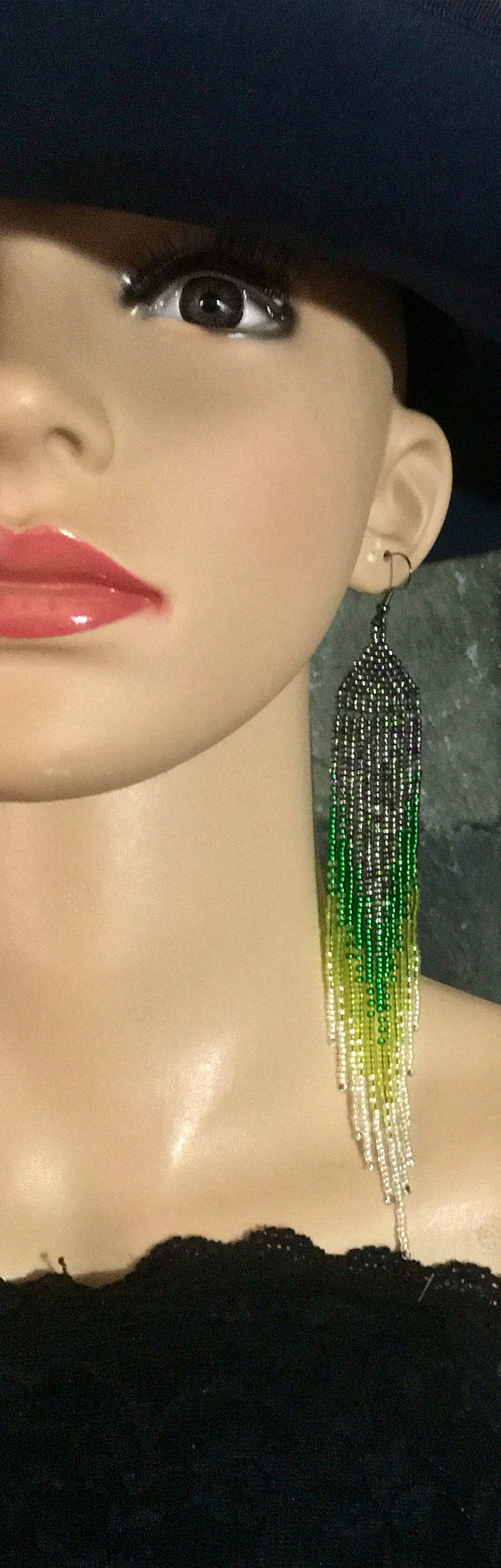 Long Native American Style Beaded Glass Seed Bead Fringe Statement ...