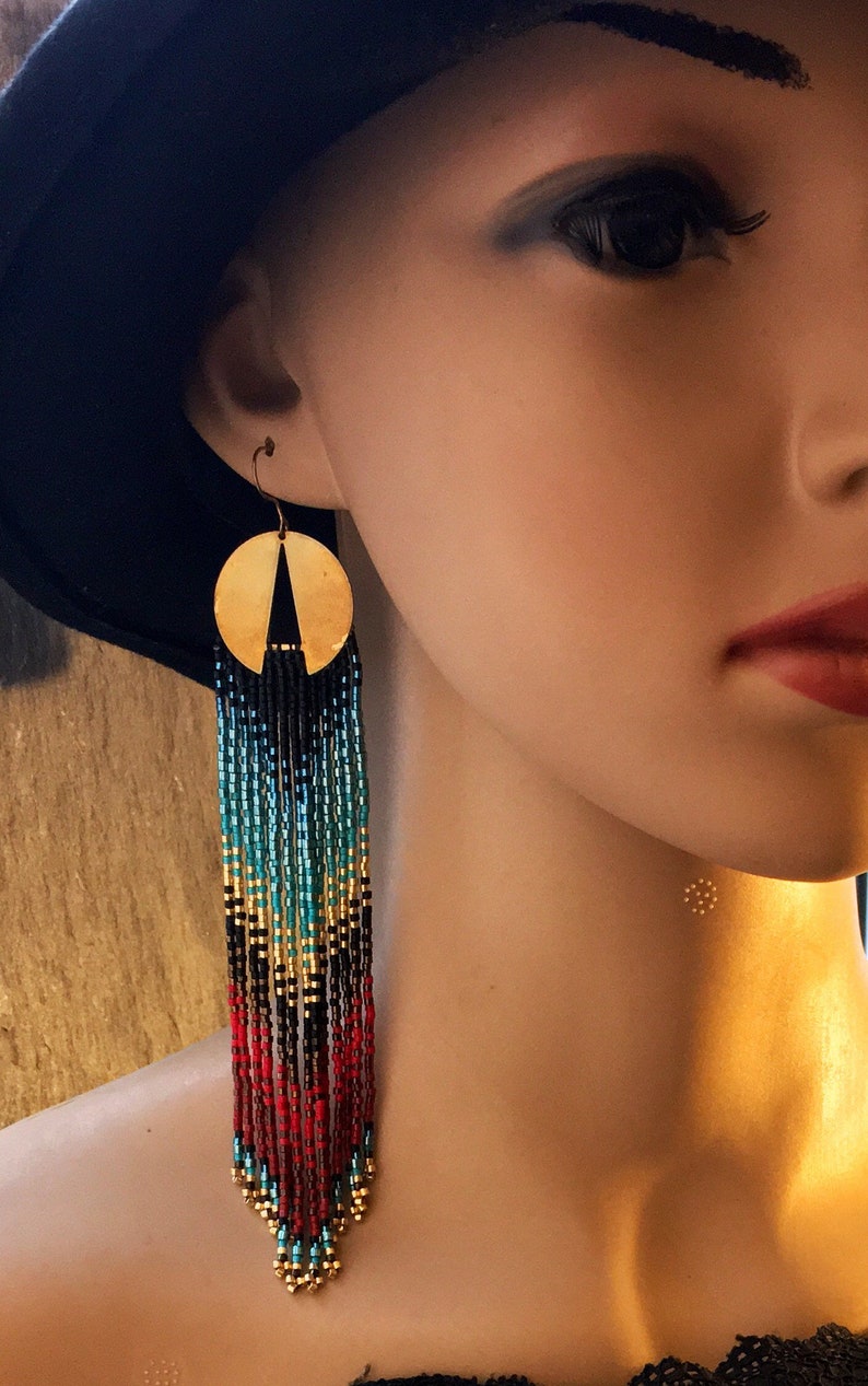 Luxury Brass Glass Seed Bead Earrings Native American Style Beaded ...