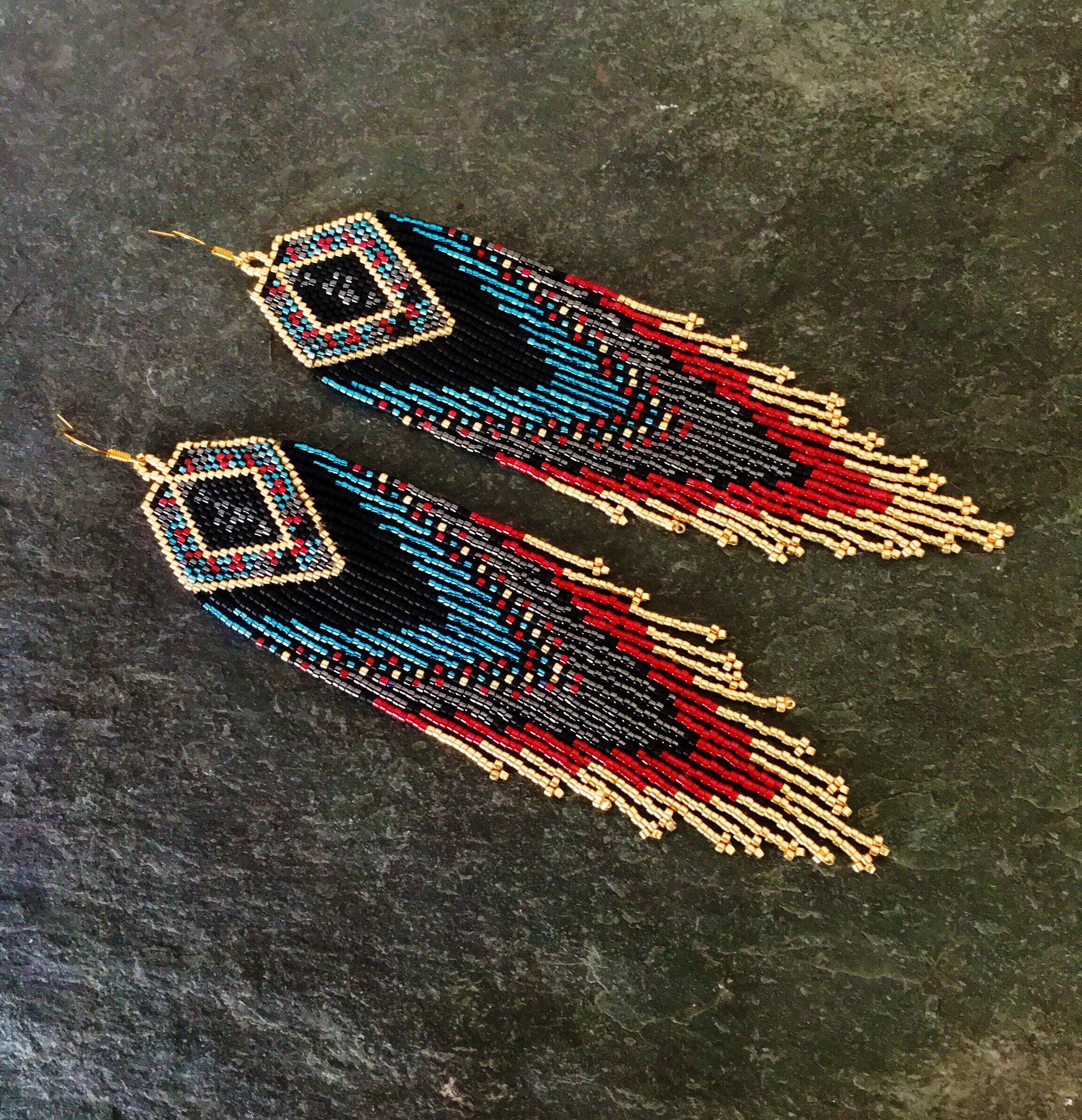 Luxury Glass Seed Bead Earrings Native American Style Beaded Statement ...
