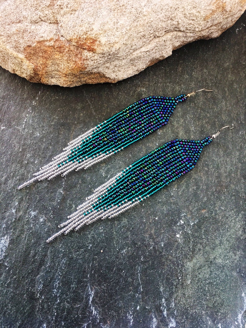 Aquamarine Statement Earrings Long Iridescent Purple Blue Etsy