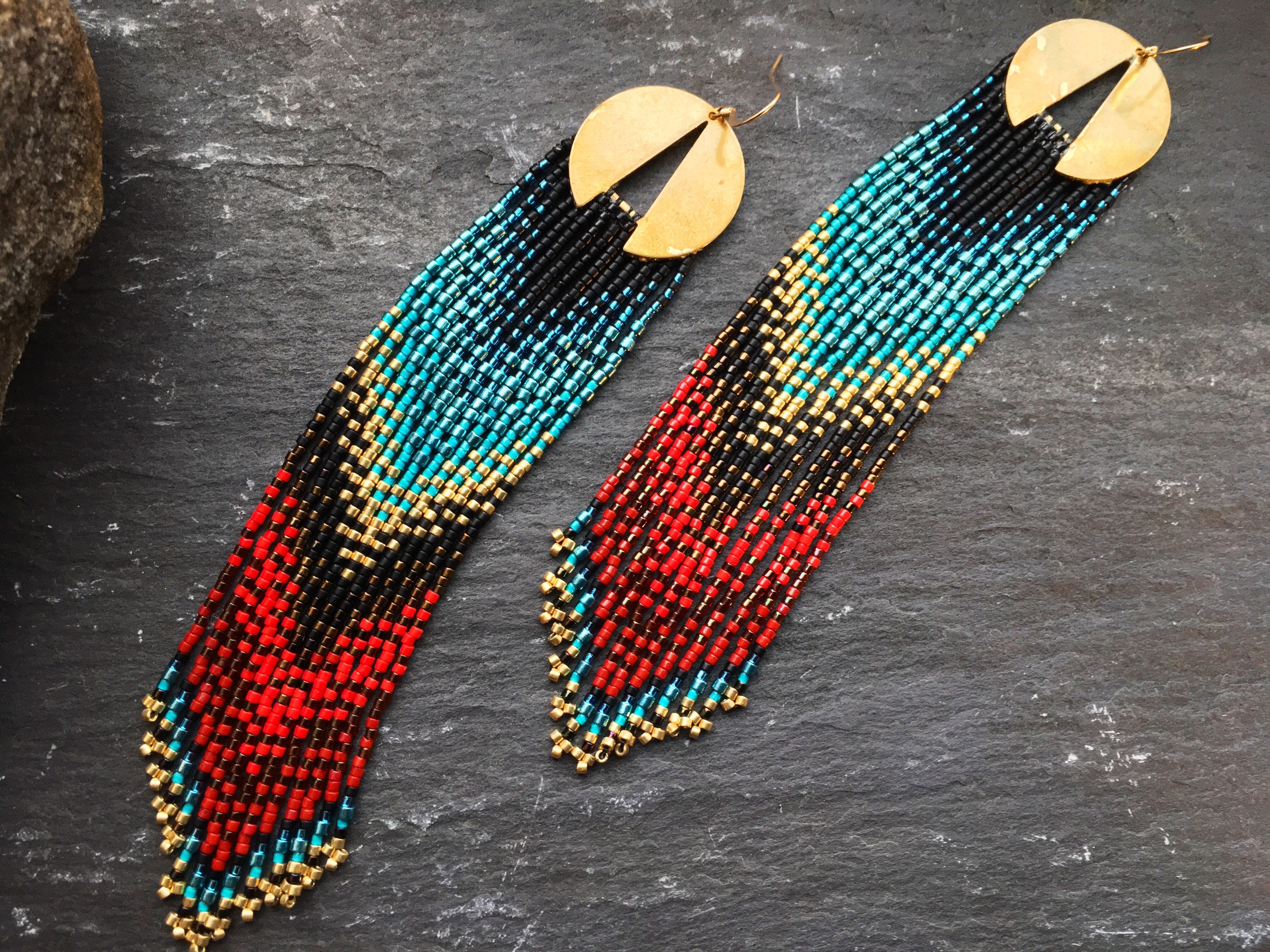 Luxury Brass Glass Seed Bead Earrings Native American Style Beaded ...