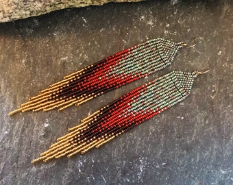 Long Native American Beaded Style Ombré Statement Duster Earrings Glass Seed Bead Fringe Valentine Burnt Orange Coral Bronze Gold Gift for