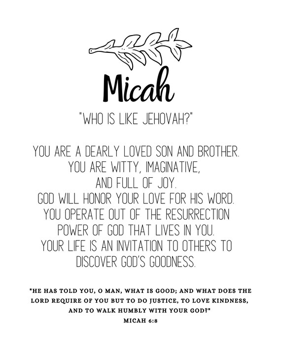 Name meaning print Micah Personalized Baptism gift Etsy
