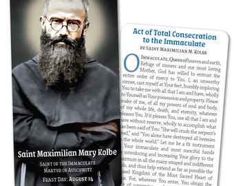 Gebedskaartje van Sint Maximilian Kolbe: Akte van Toewijding, afdrukbaar PDF-bestand (6 per pagina)
