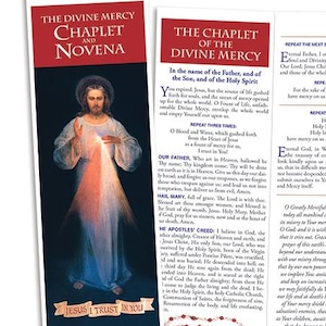 Puede incluir: Tres marcadores religiosos con texto e imágenes. El primer marcador presenta "The Divine Mercy Chaplet and Novena" con una imagen de Jesús. El segundo marcador dice "The Chaplet of the Divine Mercy". El tercer marcador tiene texto.
