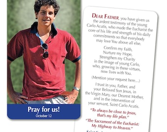 Saint Carlo Acutis Prayer Card: Printable PDF (6 per page) English, French, or Spanish
