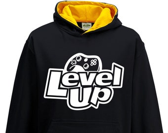 Gaming Hoodie “Level Up” | Kinder Retro Gaming Kapuzen Sweatshirt für Reisen, College, Festival | Geschenk für Gamer Freunde, Papa