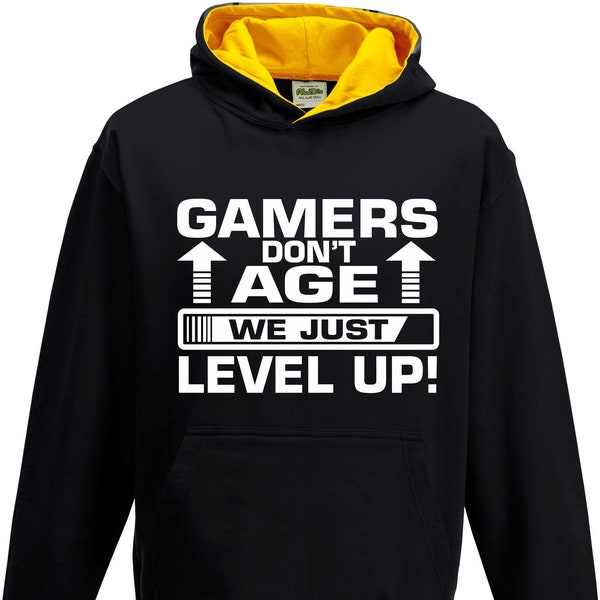 Gaming Hoodie “Gamers Dont Age We Level Up” | Retro Gaming Hooded Sweatshirt for Travel, College, Festival | Gift for Gamers Friends, Dad