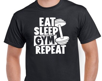 Mens Gym T Shirt Workout Top Funny Gym T-Shirt Unisex Gym TShirt Weightlifting Shirt Fitness T-Shirt Eat Sleep Gym Repeat