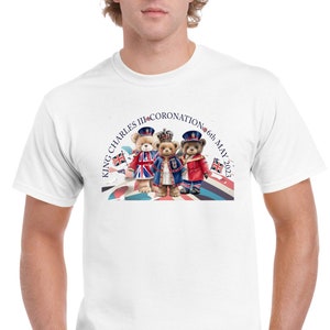 Kings Coronation Party Mens T Shirt Union Jack Tower Bridge London Eye 3 Teddy Bears King Charles III Royal Family Crown