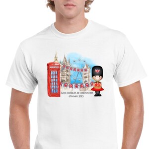 Kings Coronation Party Mens T Shirt Union Jack Tower Bridge London Eye King Charles III Royal Family Crown