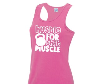 Womens Gym Polyester Tank Top Workout Top Funny Gym Vest Ladies Gym Vest Weightlifting Shirt Fitness Vest Hustle For That Muscle