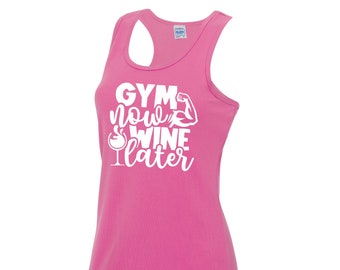 Womens Gym Polyester Tank Top Workout Top Funny Gym Vest Ladies Gym Vest Weightlifting Shirt Fitness Vest Gym Now Wine Later