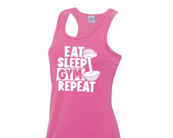 Womens Gym Polyester Tank Top Workout Top Funny Gym Vest Ladies Gym Vest Weightlifting Shirt Fitness Vest Eat Sleep Gym Repeat