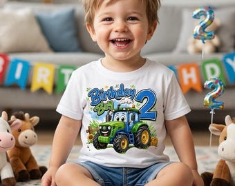 Boys 2nd Birthday T Shirt Tractor Design Birthday Boy Shirt Toddler White T-Shirt Second Birthday Outfit Cute Birthday Gift 2 Years Old