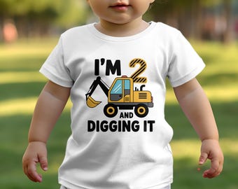 Boys 2nd Birthday T Shirt, I'm 2 and Digging It, Construction Theme Shirt, Boys Birthday Outfit, Toddler Birthday Shirt White T-Shirt