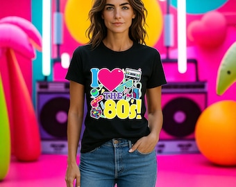 Eighties Graphic Tshirt Retro Design Vintage Style Cotton Top Summer Outfit Party Clothing Nostalgic Fashion Trendy Look Casual Wear Neon