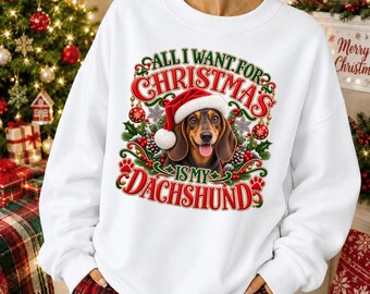 Dachshund Christmas Sweatshirt Doxie Dog Mom Holiday Apparel Cute Wiener Winter Outfit Festive Santa Puppy Graphic Pet Lover Crewneck Top