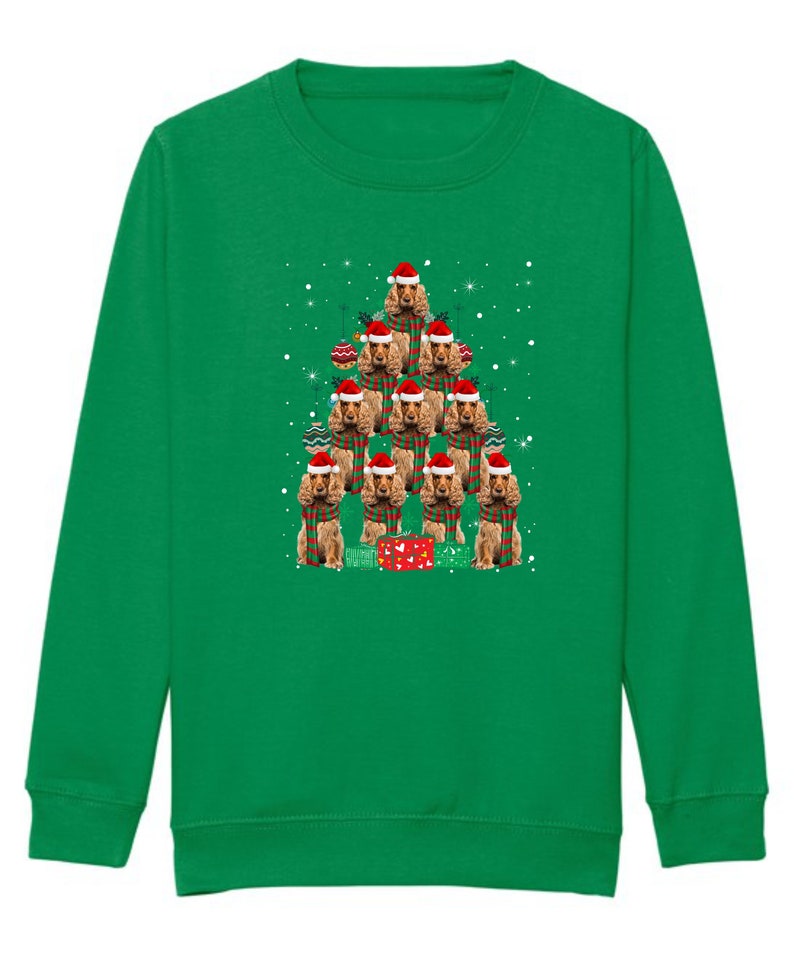 Kids Christmas Jumper Cocker Spaniel Dog Kids Xmas Gift Childrens Xmas Sweater Kids Christmas Sweatshirt Childs Xmas Tree 2 Green