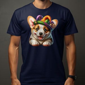 Schattig Pembroke Welsh Corgi Dog Pup Jester Hat T-shirt, kleurrijke Corgi Graphic Tee, Unisex Dog Lover Shirt, unieke dierenkleding