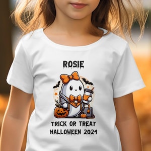 Girls Personalized Halloween T-Shirt, Cute Ghost Design, Trick or Treat 2024, Custom Name Shirt for Halloween, Pumpkin Decor