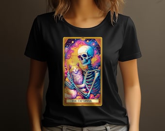 The Cat Lover Tarot Card T-Shirt, Colorful Skeleton and Cat, Unique Art Tee Womens TShirt