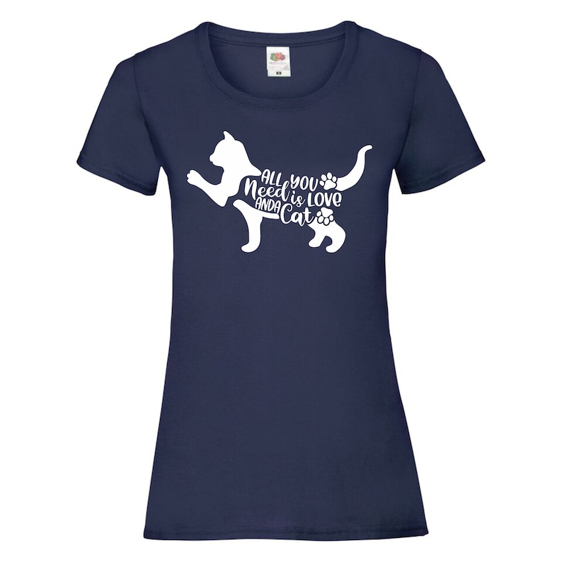 May include: A navy blue t-shirt with a white silhouette of a cat and the text "All you need is love and a cat".