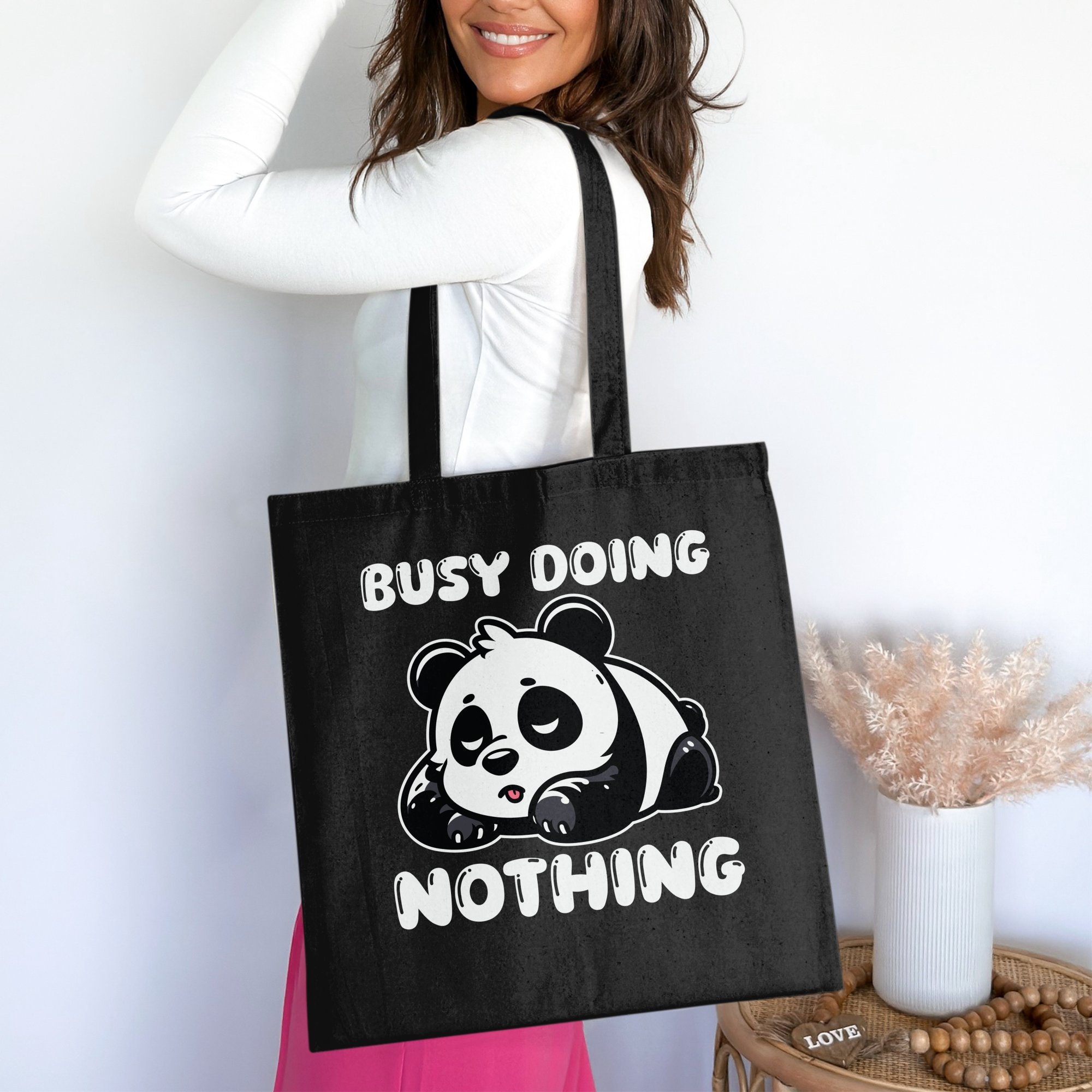 Cute Panda Lazy Design Tote Bag Busy Doing Nothing Print Funny Gift for Lazy People Casual Shopping Bag Trendy Minimalist Tote